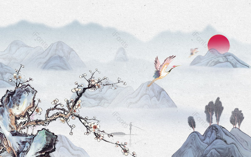 淡雅中国风意境山水日出惊蛰海报背景,插画/手绘图,插画/手绘图库,插画/手绘图下载,插画/手绘